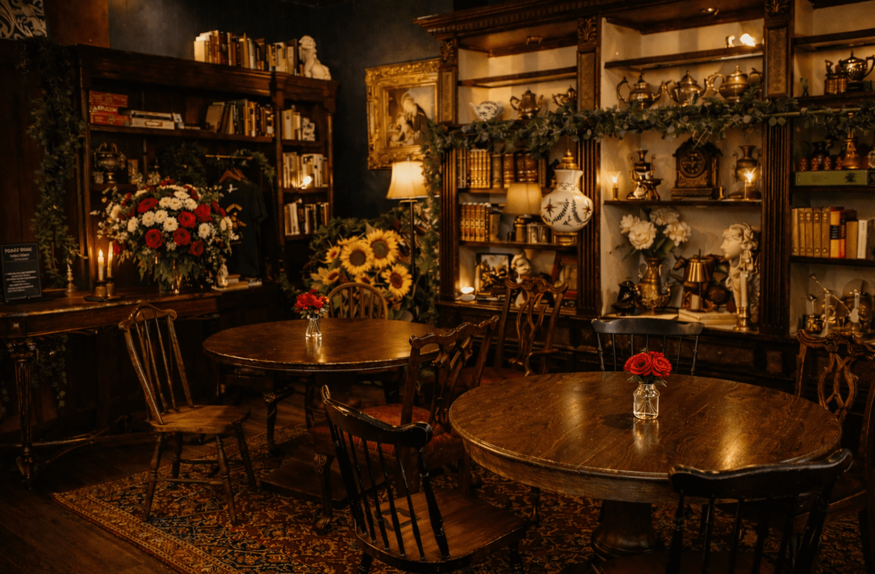 Moon River Café interior - cozy reading room with warm lighting
